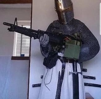 Create meme: crusader with a machine gun, crusader meme deus vult, knight deus vult