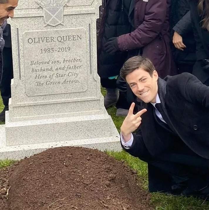 Create meme: grant gastin near the grave, Grant Gustin at the grave, Grant Gustin at Oliver's grave