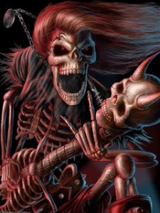 Создать мем: скелет на красном фоне, череп фэнтези, скелет рокер