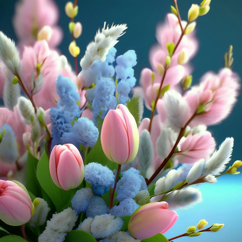 Create meme: with palm Sunday, tulips with willow, spring willow