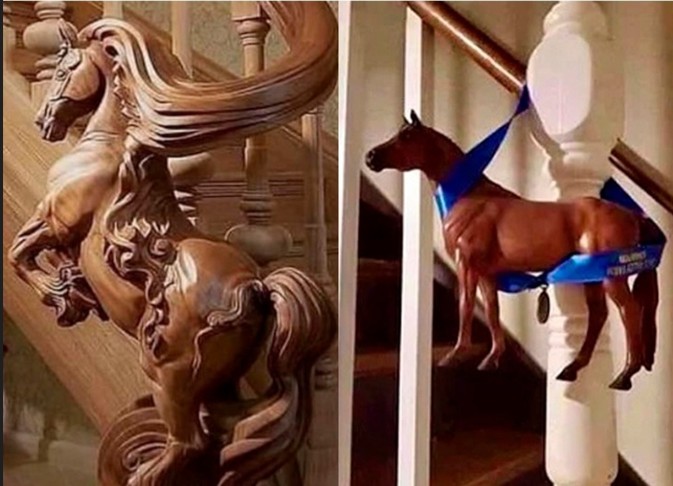 Create meme: wooden staircase, railing in the form of a horse, horse on the stairs