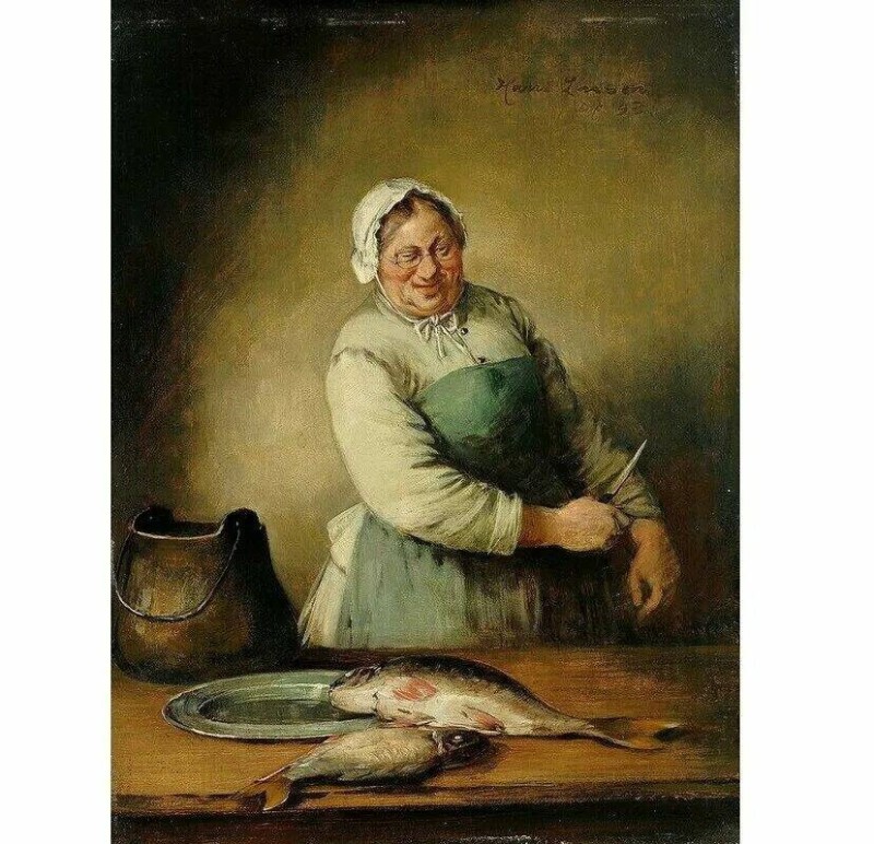 Создать мем: улыбающаяся кухарка с рыбой, картина кухарка, ян вермеер дельфтский служанка с кувшином молока
