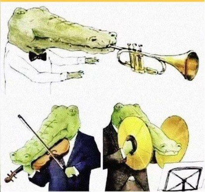 Создать мем: крокодил музыкант, музыкальный юмор, крокодил оркестр