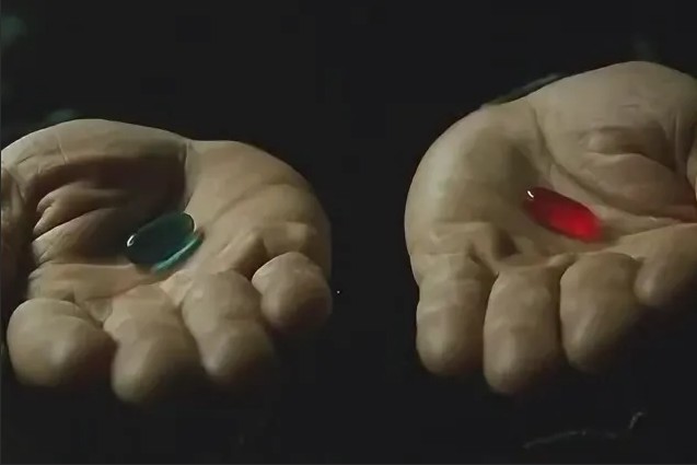 Создать мем: синяя таблетка, морфеус предлагает таблетки, красная таблетка