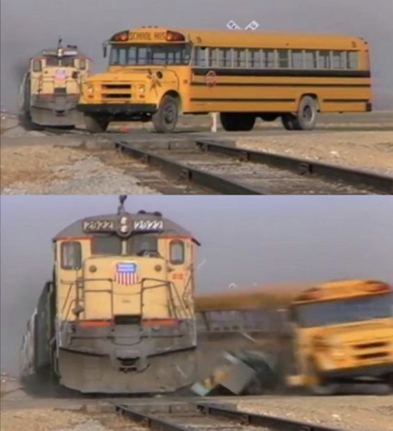 Create meme: train hits school bus meme, meme with train and bus, bus train