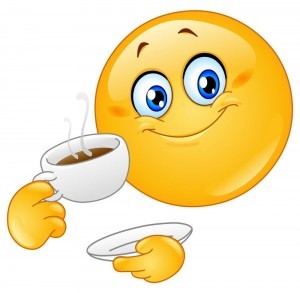 Create meme: good morning smiles beautiful, smiley with a Cup of coffee, the smiley face is drinking tea