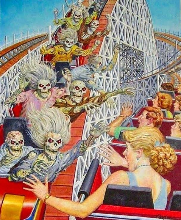 Create meme: Skeletons ride a roller coaster meme, skeletons on a roller coaster meme, iron maiden band