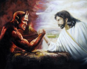 Создать мем: против бога, добро и зло с далёких пор ведут свой древний давний спор, jesus vs satan