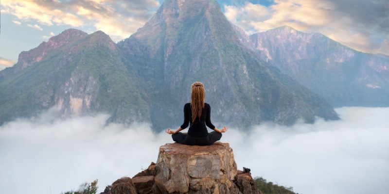 Create meme: meditation in the mountains, meditation , girl 