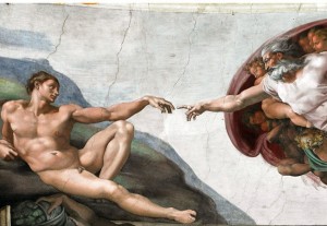 Создать мем: картина, картина микеланджело сотворение адама, сотворение адама
