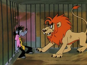 Create meme: nu pogodi wolf in a cage with a lion