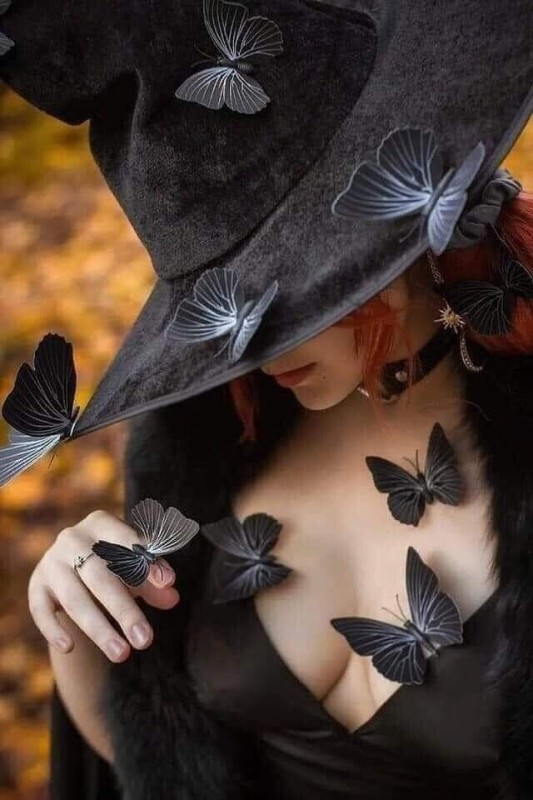 Создать мем: бабочки любовники, шляпа ведьмы, девушка