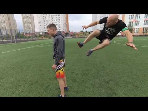 Create meme: training football, kick with two legs, soccer practice