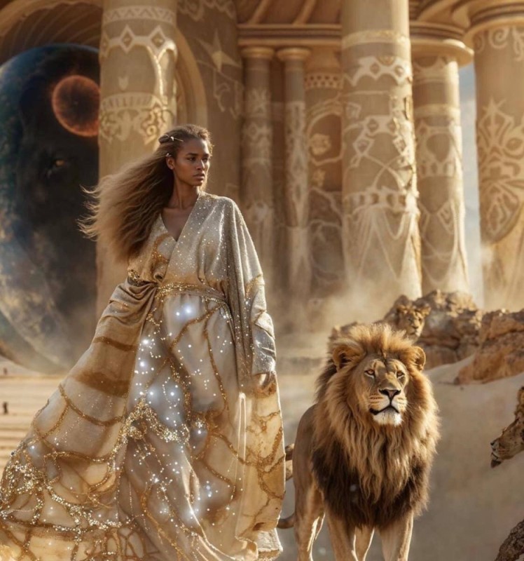 Create meme: The lion woman, girl , Cleopatra with a lion