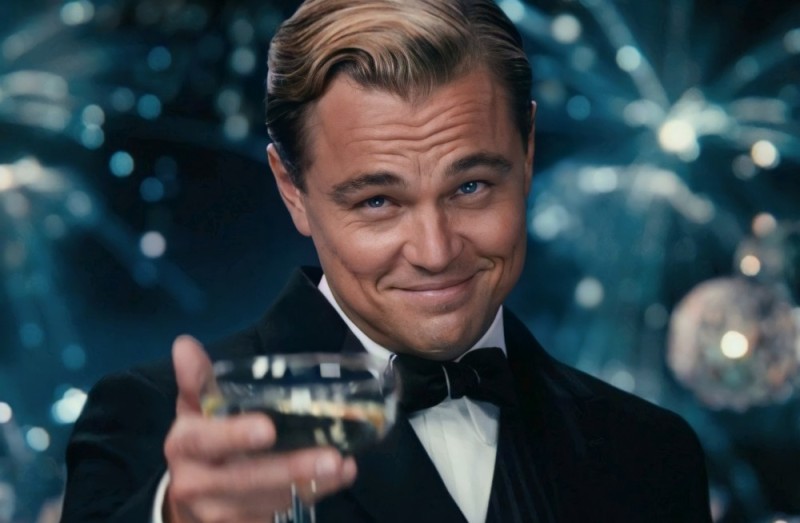 Create meme: DiCaprio Gatsby, dicaprio Leonardo Wilhelm, dicaprio's meme with a glass