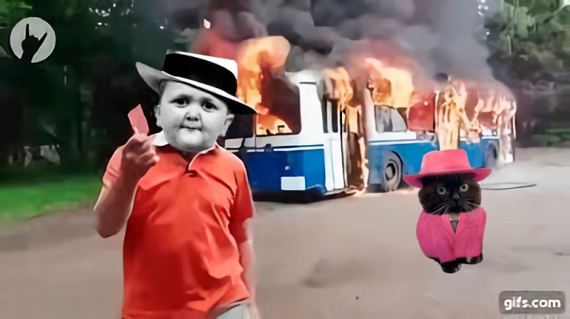 Создать мем: горящий автобус, мальчик, троллейбус горит мем