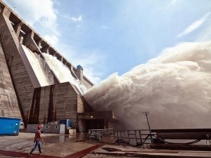 Create meme: the Bureya dam water discharge, dam, the spillway at the Bureya hydroelectric power station