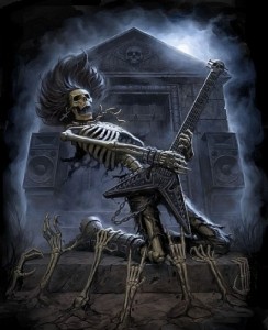 Создать мем: скелет с длинными волосами, скелет с гитарой на кладбище, скелет с гитарой heavy metal