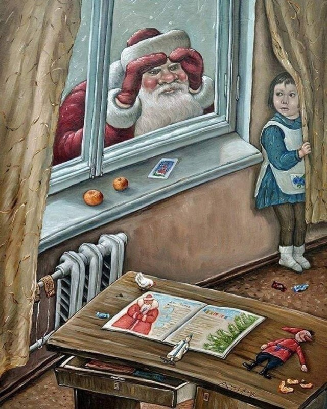 Create meme: artist angela jerich, paintings by angela jerich, Santa Claus knocks on the window