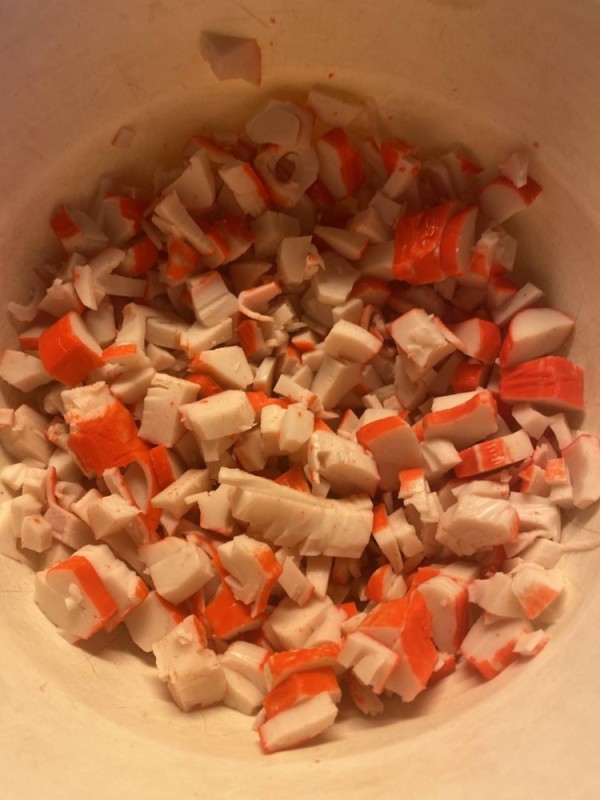 Create meme: sliced crab sticks, crab sticks, salad 