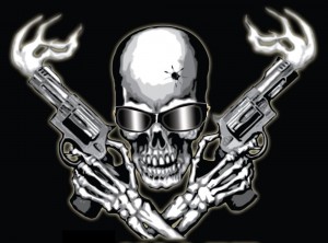 Создать мем: скелет с двумя пистолетами, череп, череп с оружием