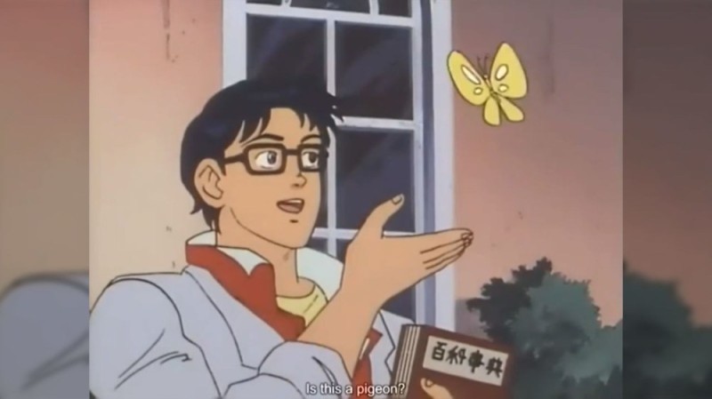 Создать мем: парень с бабочкой мем, is this a pigeon, мем с бабочкой аниме шаблон
