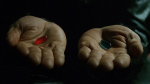 Create meme: red or blue pill, two pills red and blue, Morpheus red or blue