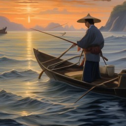 Create meme: picture of a fisherman in a boat, fisherman on a boat, boat painting