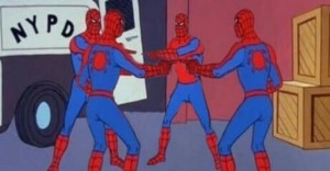 Create meme: Spiderman meme, spider-man shows spider-man, meme two spider-man