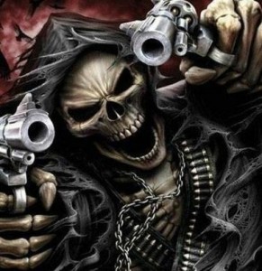 Create meme: the skeleton is cool, skull with guns, skeleton with a gun