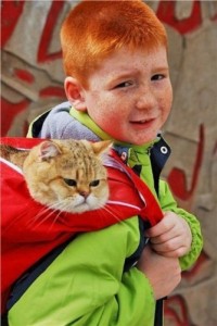 Create meme: Red-haired boy with a cat