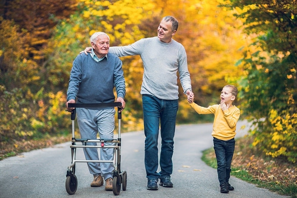Create meme: grandpa in a wheelchair, grandfather father and grandson, grandfather and adult son
