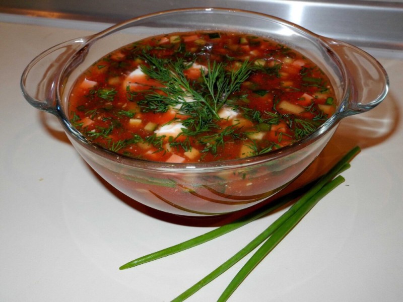 Create meme: recipes soups, okroshka on kvass, okroshka with sprat in tomato sauce