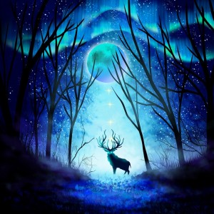 Create meme: Northern lights art, Wallpaper deer the moon, winter night background Northern lights art