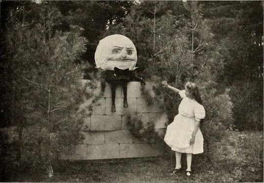 Create meme: humpty dumpty 1933, creepy pictures , alice in wonderland 1915