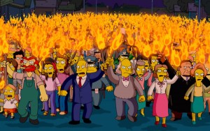 Create meme: the simpsons the torches and pitchforks, the simpsons crowd with torches, The simpsons