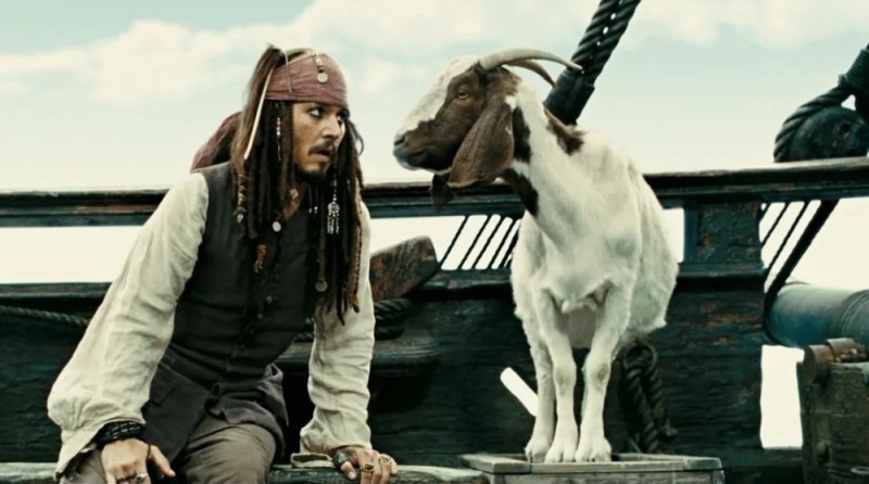 Создать мем: джек воробей с козой, пираты карибского моря: на краю света, пираты карибского моря