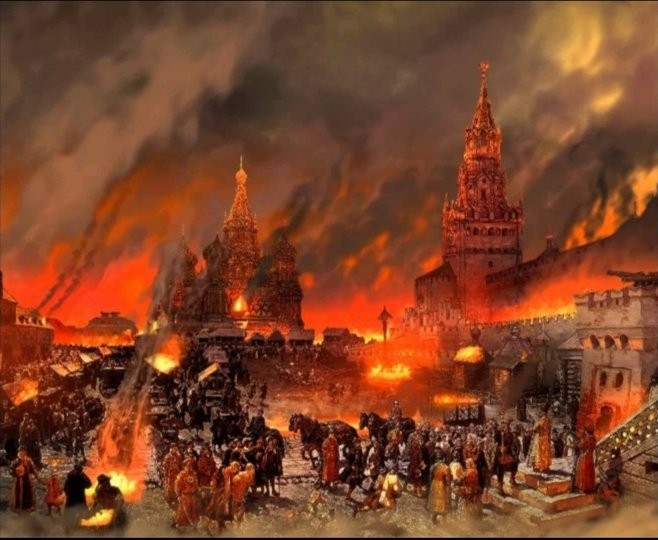 Create meme: the burning of moscow 1812, the kremlin is on fire, burning moscow 1812