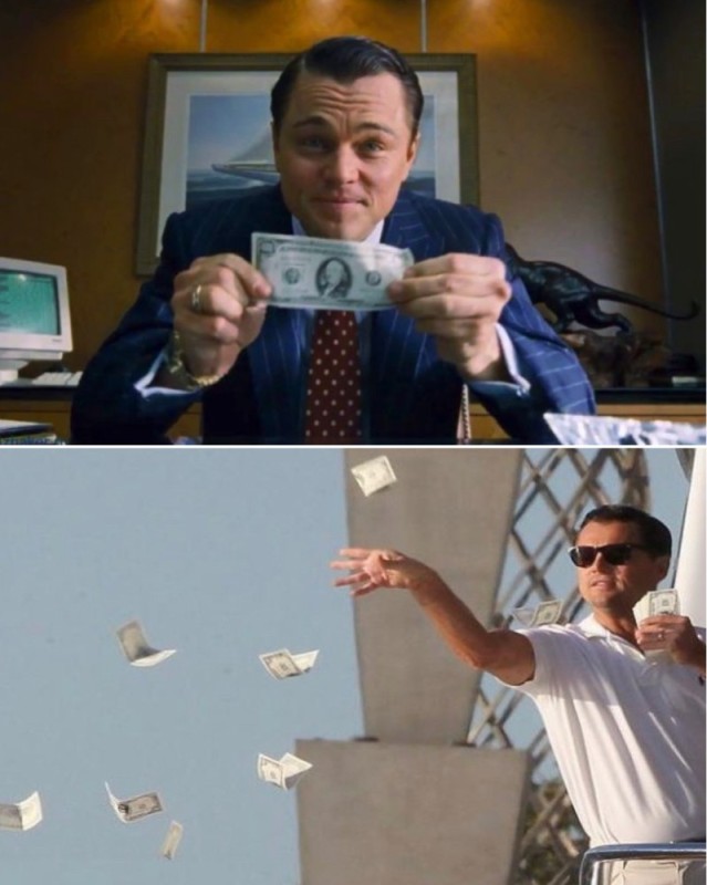 Create meme: DiCaprio throwing money, DiCaprio throws money, Leonardo DiCaprio meme money