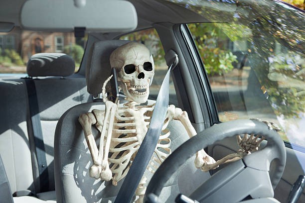 Create meme: the skeleton in the car, skeleton at the wheel, a skeleton driving a car