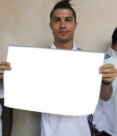 Create meme: Cristiano Ronaldo Signa, Ronaldo holds a poster, ronaldo with a sign