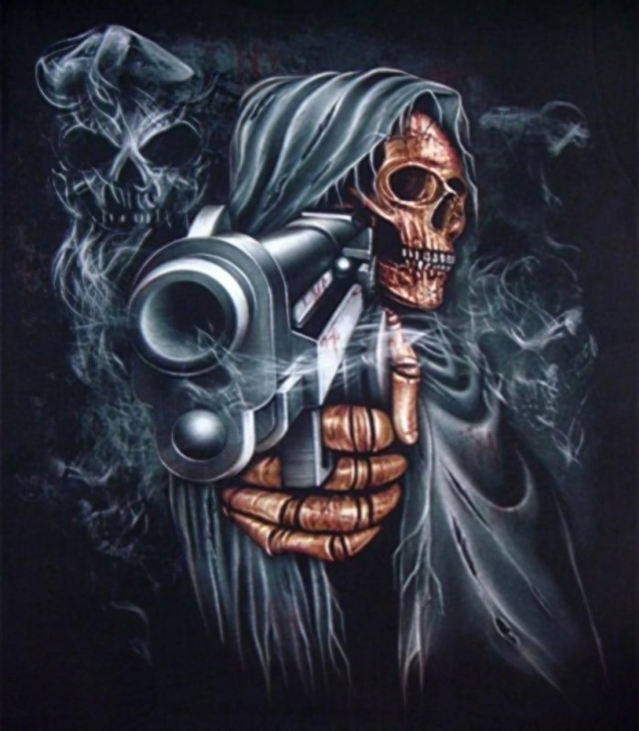 Создать мем: скелет с револьвером, череп с пистолетами, скелет с оружием