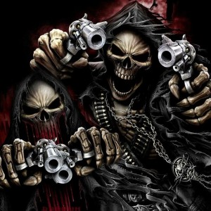 Create meme: drawing of a skull, skeleton with a gun, skull with guns