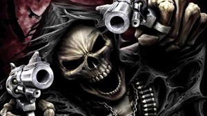 Создать мем: скелет с пистолетом, крутой скелет, череп с оружием