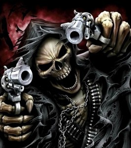Создать мем: череп с оружием, скелет с пистолетом, череп с пистолетами