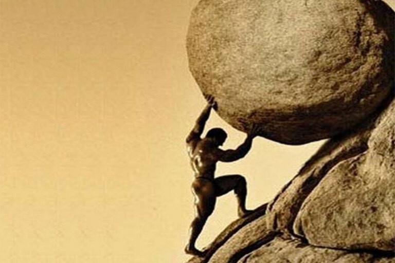 Create meme: a man drags a stone uphill, pushing a rock uphill, sisyphus is a myth