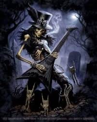 Создать мем: рок скелет, скелет с гитарой на кладбище, скелет в цилиндре с гитарой