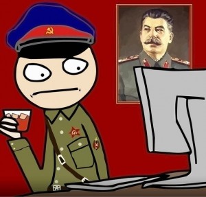 Create meme: communism, nkvdshnik at the computer, Stalin throws ridge