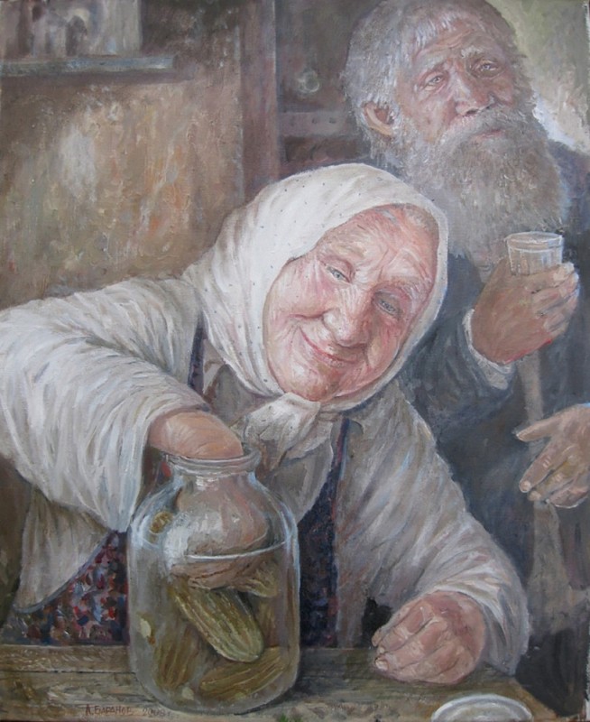 Create meme: paintings by leonid baranov, the artist Leonid Baranov , the grandmother with the grandfather