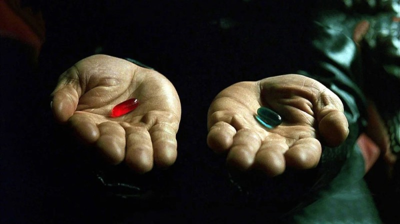 Создать мем: морфеус 2 таблетки, красная таблетка, красная или синяя таблетка